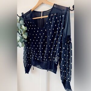 Free People Women's Blue Yellow Polka Dot Embroidered Sheer Blouse Top Size S